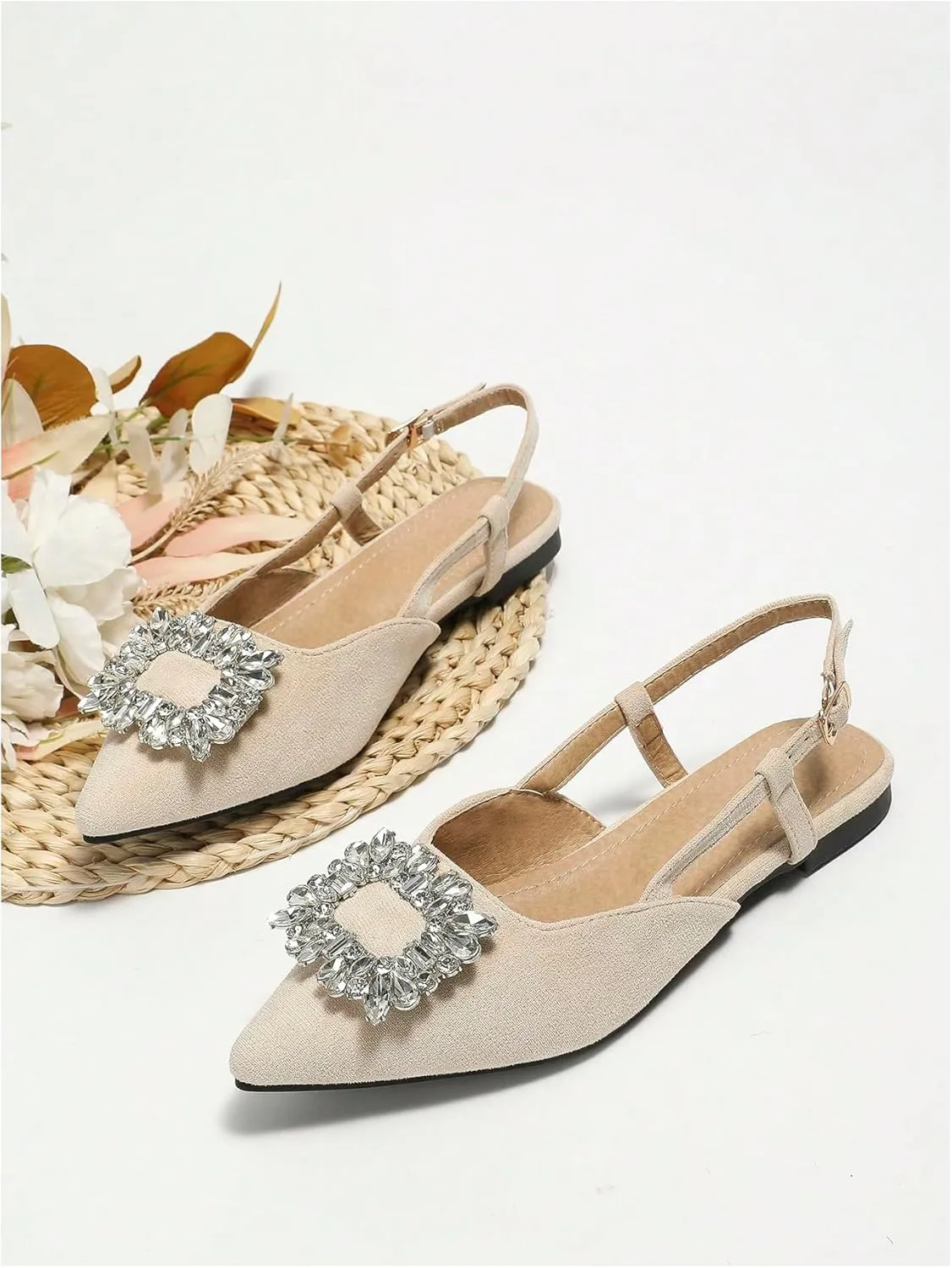OYOANGLE Women's Rhinestone Decor Pointed Toe Slingback Flats Faux Suede Dress Sandals