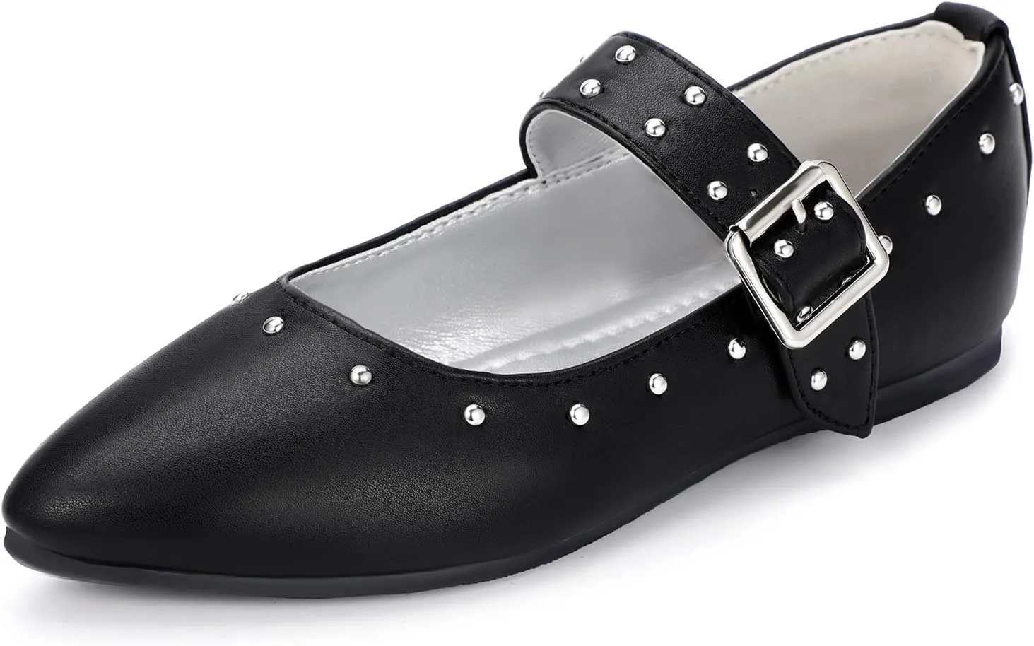 PANDANINJIA Girls Dress Shoes Studded Mary Jane Ballet Flats for Girl Pointed Toe Little Big Kid Flower Girl Party Formal Wedding Shoes