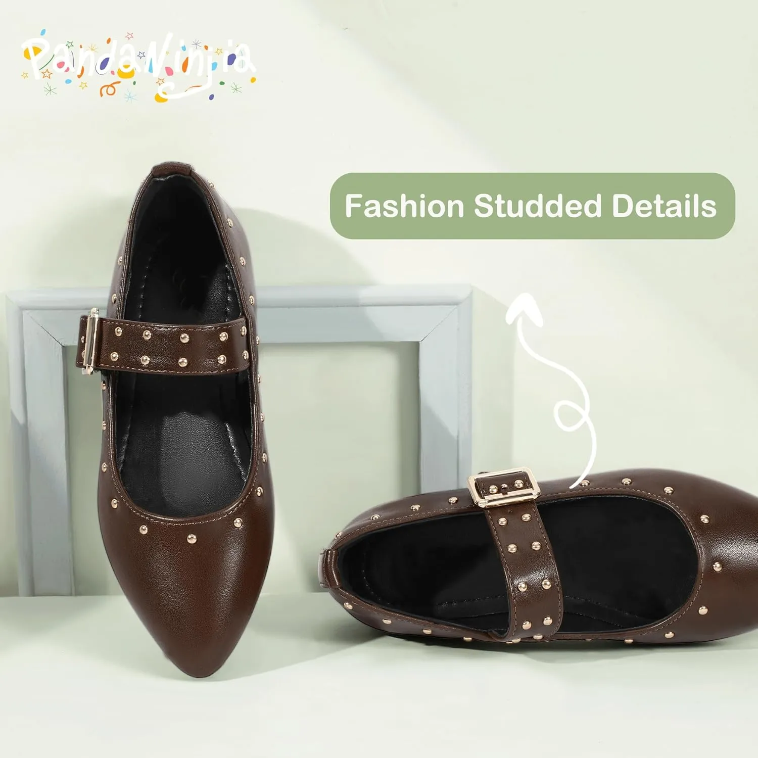 PANDANINJIA Girls Dress Shoes Studded Mary Jane Ballet Flats for Girl Pointed Toe Little Big Kid Flower Girl Party Formal Wedding Shoes