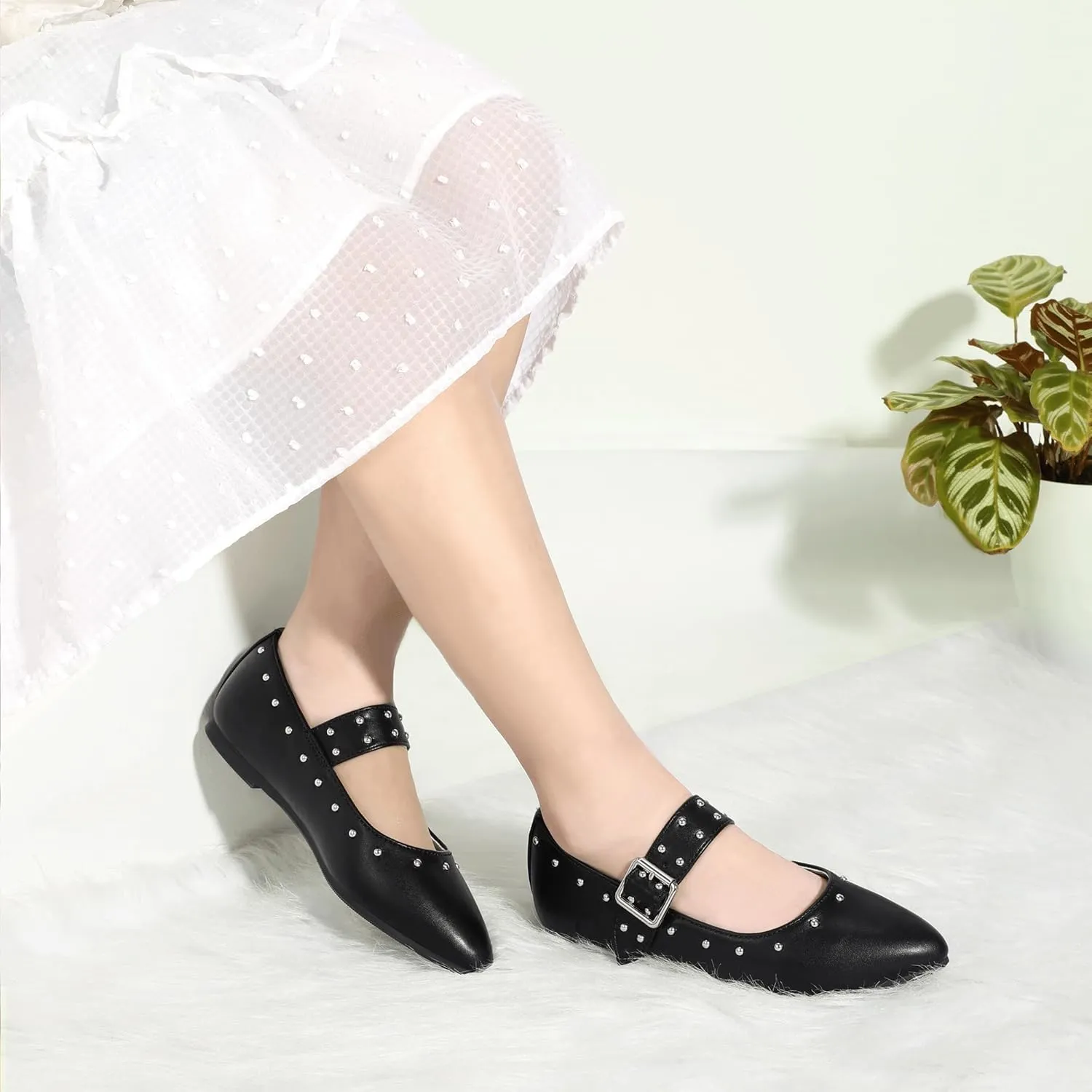 PANDANINJIA Girls Dress Shoes Studded Mary Jane Ballet Flats for Girl Pointed Toe Little Big Kid Flower Girl Party Formal Wedding Shoes