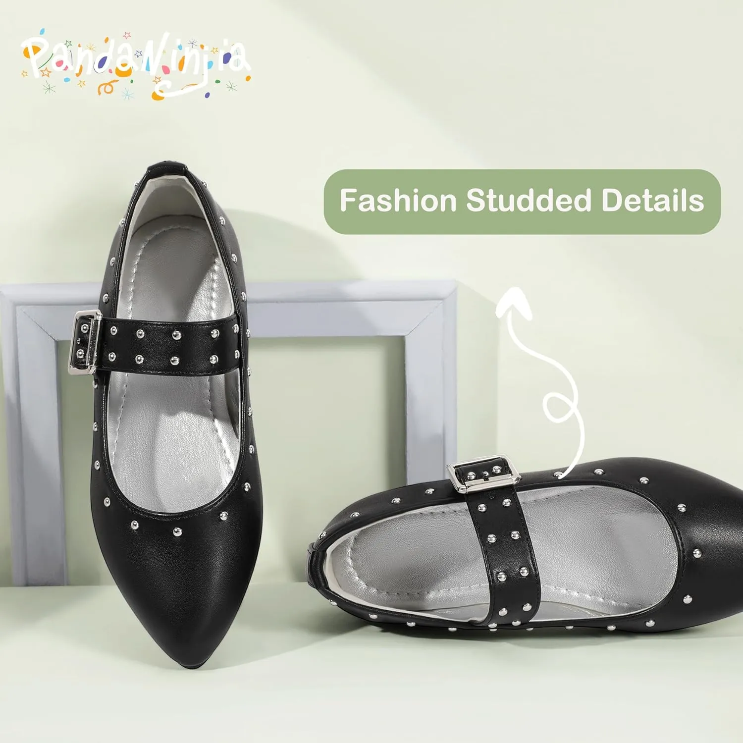 PANDANINJIA Girls Dress Shoes Studded Mary Jane Ballet Flats for Girl Pointed Toe Little Big Kid Flower Girl Party Formal Wedding Shoes