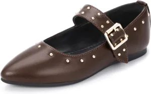 PANDANINJIA Girls Dress Shoes Studded Mary Jane Ballet Flats for Girl Pointed Toe Little Big Kid Flower Girl Party Formal Wedding Shoes