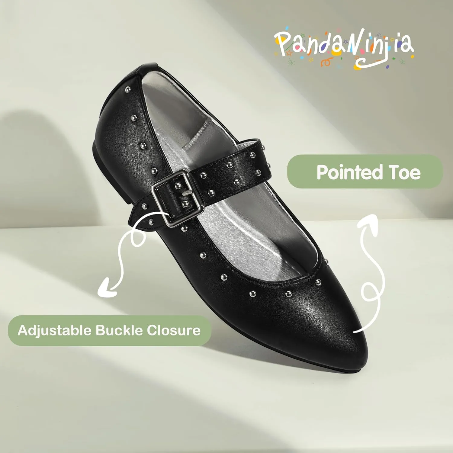PANDANINJIA Girls Dress Shoes Studded Mary Jane Ballet Flats for Girl Pointed Toe Little Big Kid Flower Girl Party Formal Wedding Shoes