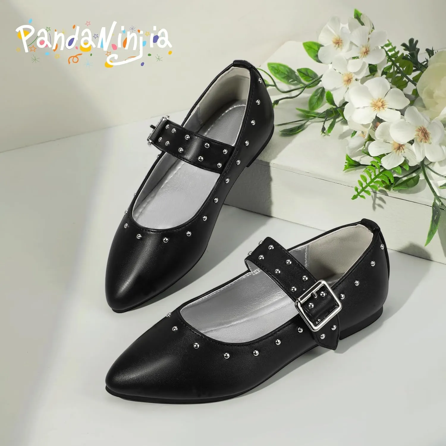 PANDANINJIA Girls Dress Shoes Studded Mary Jane Ballet Flats for Girl Pointed Toe Little Big Kid Flower Girl Party Formal Wedding Shoes