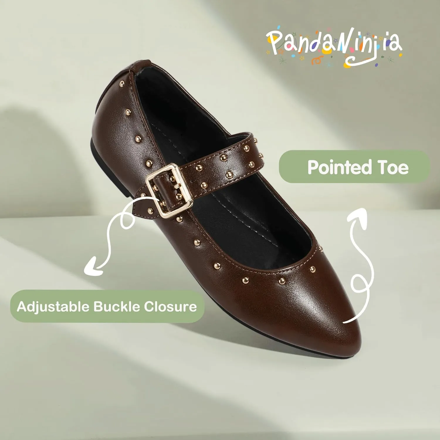 PANDANINJIA Girls Dress Shoes Studded Mary Jane Ballet Flats for Girl Pointed Toe Little Big Kid Flower Girl Party Formal Wedding Shoes