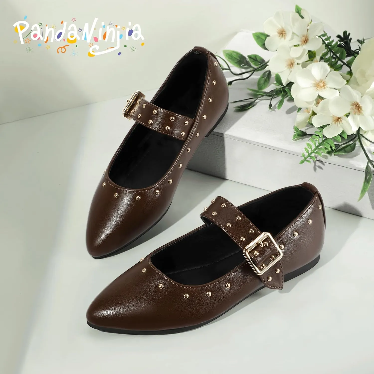 PANDANINJIA Girls Dress Shoes Studded Mary Jane Ballet Flats for Girl Pointed Toe Little Big Kid Flower Girl Party Formal Wedding Shoes