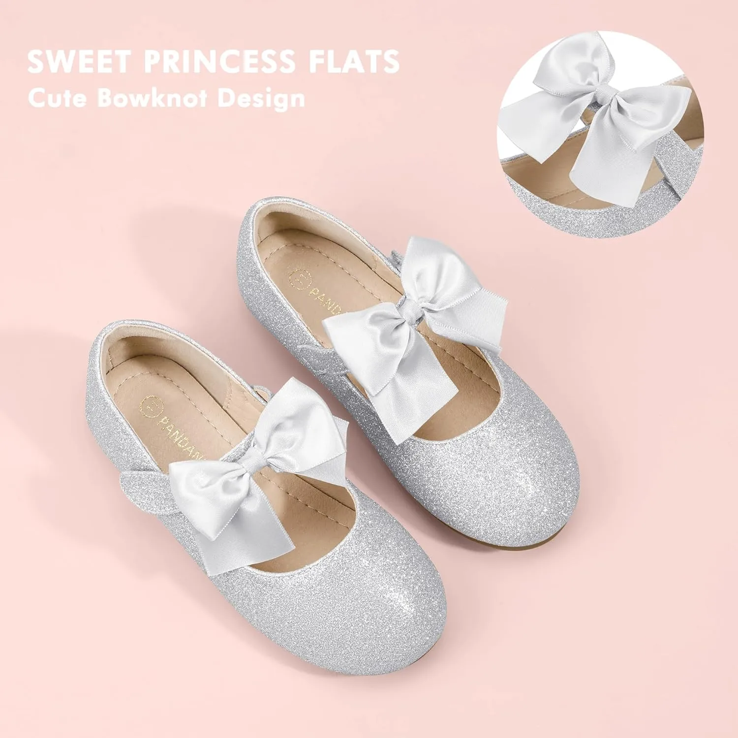 PANDANINJIA Toddler Dress Shoes Bowknot Mary Jane Shoes Girls Ballet Flats for Kids Wedding Party Uniform Church Shoes