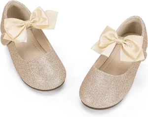PANDANINJIA Toddler Dress Shoes Bowknot Mary Jane Shoes Girls Ballet Flats for Kids Wedding Party Uniform Church Shoes