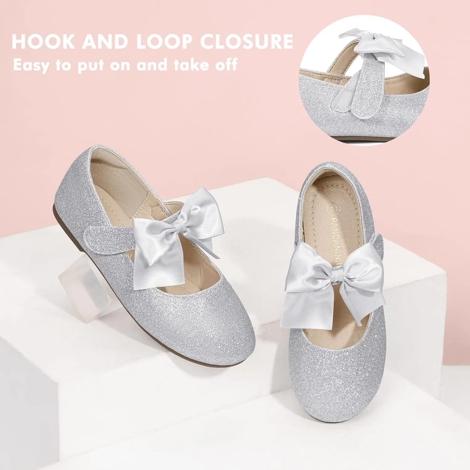 PANDANINJIA Toddler Dress Shoes Bowknot Mary Jane Shoes Girls Ballet Flats for Kids Wedding Party Uniform Church Shoes