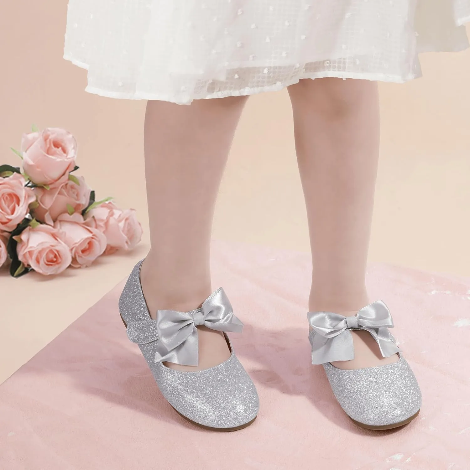 PANDANINJIA Toddler Dress Shoes Bowknot Mary Jane Shoes Girls Ballet Flats for Kids Wedding Party Uniform Church Shoes