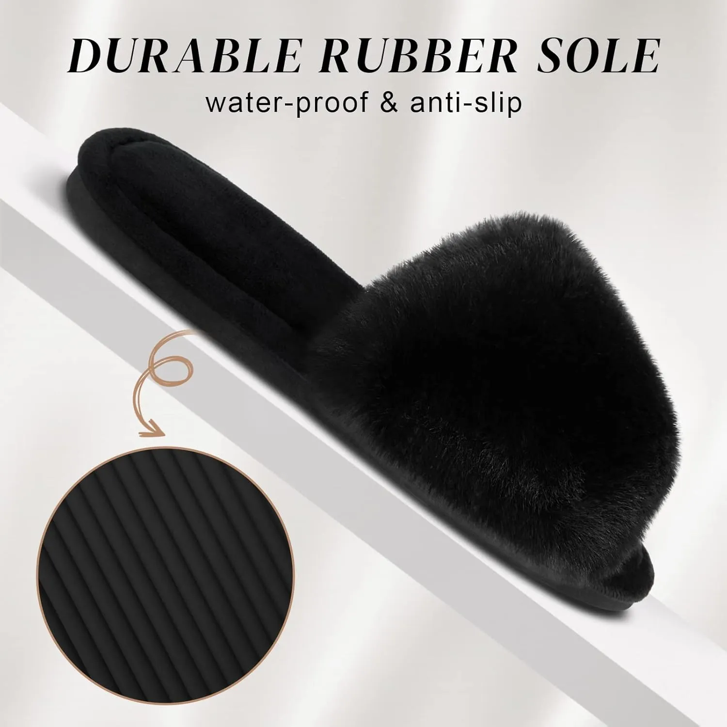 Parlovable Women's Faux Fur Slippers Fuzzy Flat Spa Fluffy Open Toe House Shoes Indoor Outdoor Slip on Memory Foam Slide Sandals