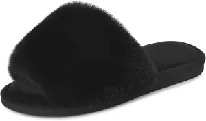 Parlovable Women's Faux Fur Slippers Fuzzy Flat Spa Fluffy Open Toe House Shoes Indoor Outdoor Slip on Memory Foam Slide Sandals