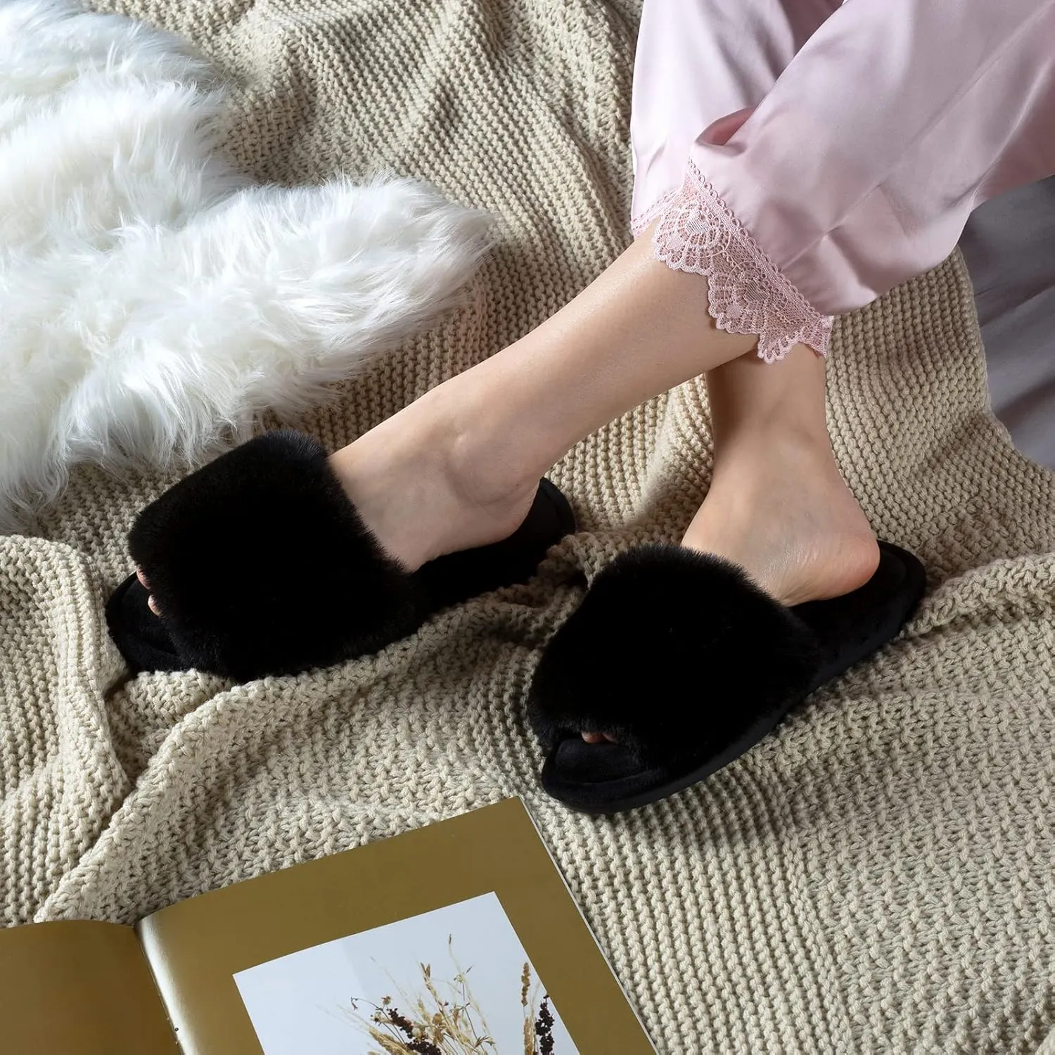 Parlovable Women's Faux Fur Slippers Fuzzy Flat Spa Fluffy Open Toe House Shoes Indoor Outdoor Slip on Memory Foam Slide Sandals