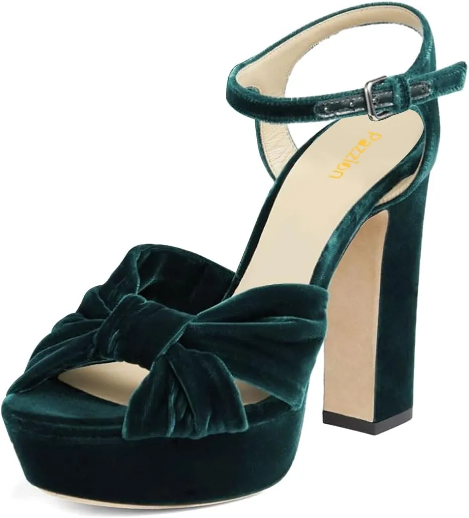 Pazzion Women Chunky Platform Open Toe High Heeled Sandals Soft Velvet Ankle Strap Buckle Bows Block Heel Pumps Cozy Wedding Prom Shoes Size 4-16 US