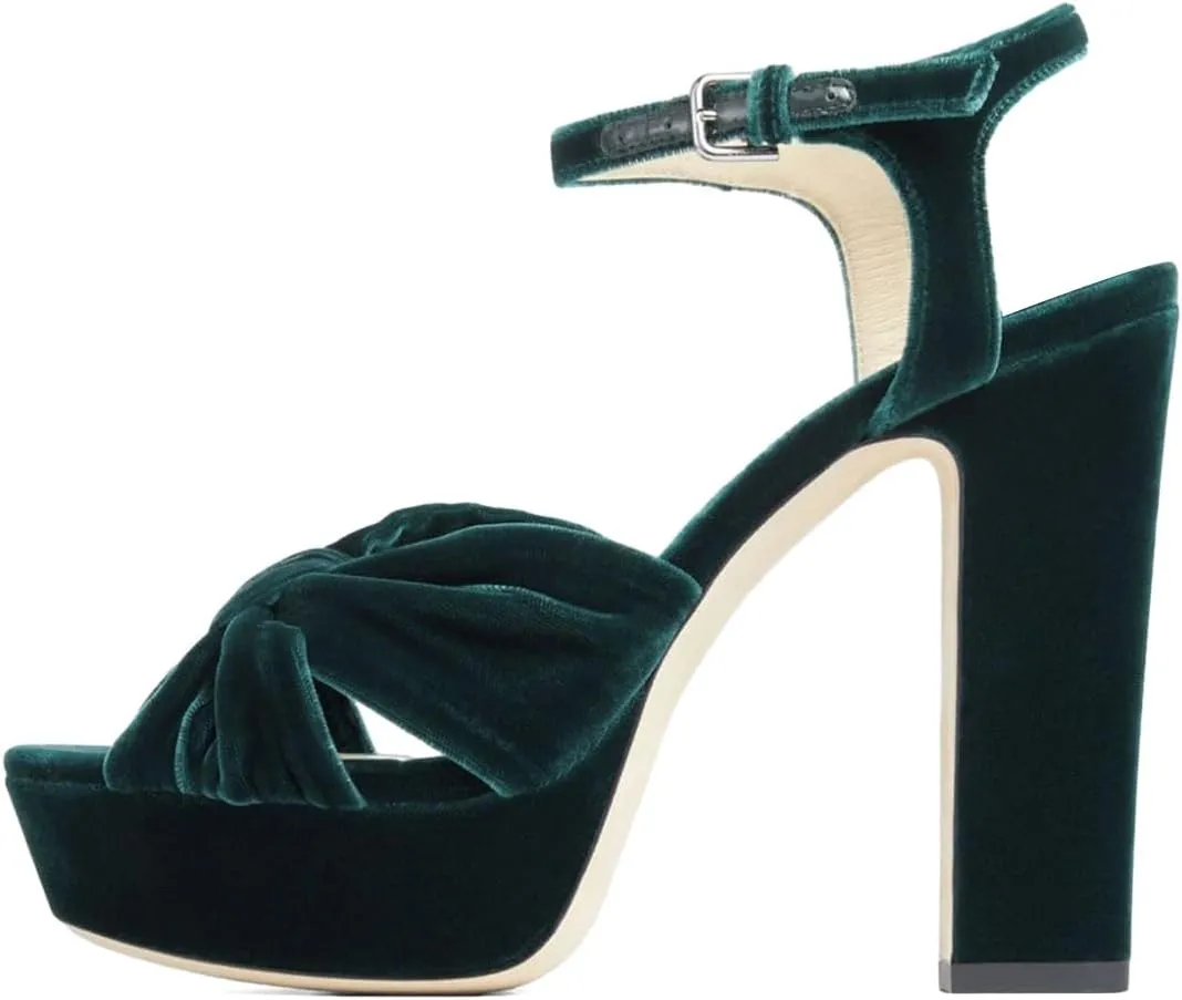 Pazzion Women Chunky Platform Open Toe High Heeled Sandals Soft Velvet Ankle Strap Buckle Bows Block Heel Pumps Cozy Wedding Prom Shoes Size 4-16 US