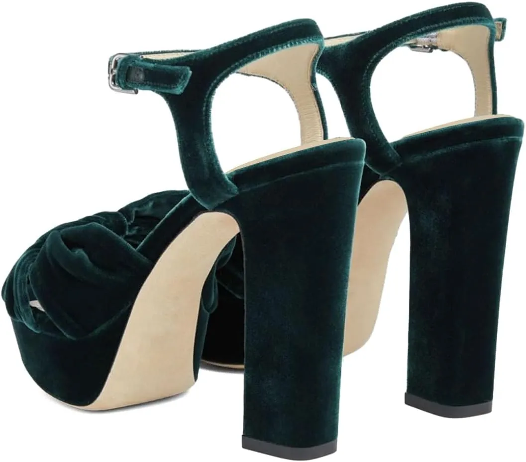 Pazzion Women Chunky Platform Open Toe High Heeled Sandals Soft Velvet Ankle Strap Buckle Bows Block Heel Pumps Cozy Wedding Prom Shoes Size 4-16 US