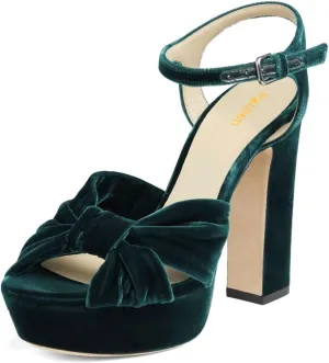 Pazzion Women Chunky Platform Open Toe High Heeled Sandals Soft Velvet Ankle Strap Buckle Bows Block Heel Pumps Cozy Wedding Prom Shoes Size 4-16 US