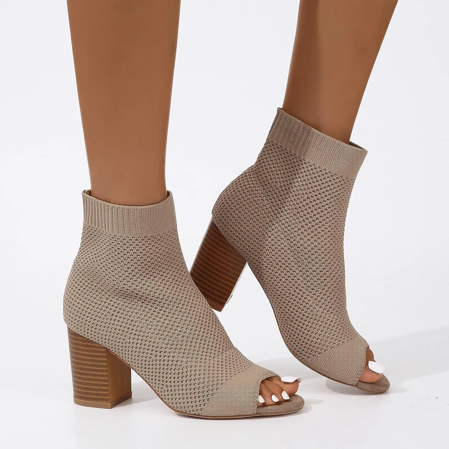 Peep Toe Booties for Women Knit Open Toe Chunky Block Heels Breathable Sock Boots Fashion Heeled Sandals US5-11
