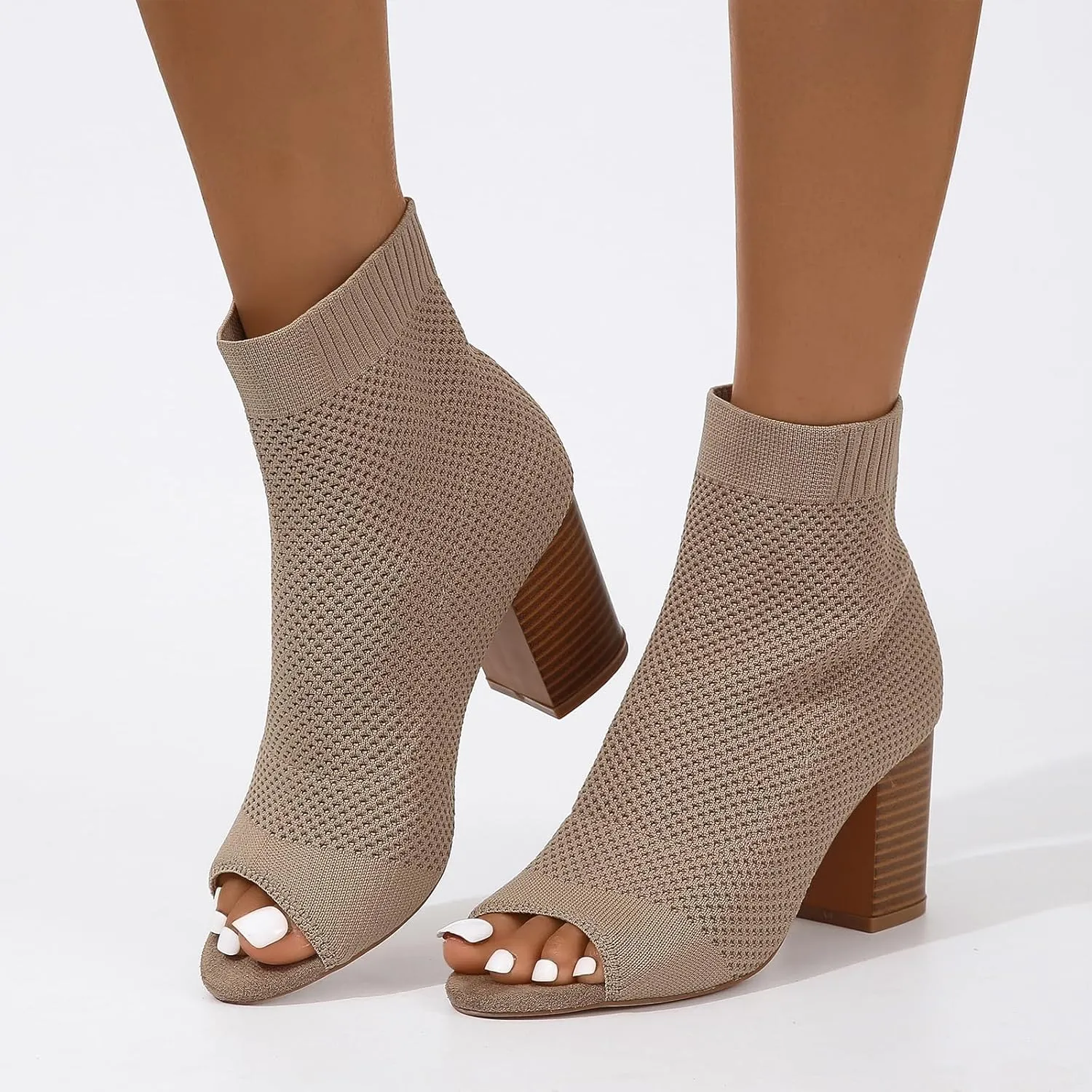Peep Toe Booties for Women Knit Open Toe Chunky Block Heels Breathable Sock Boots Fashion Heeled Sandals US5-11