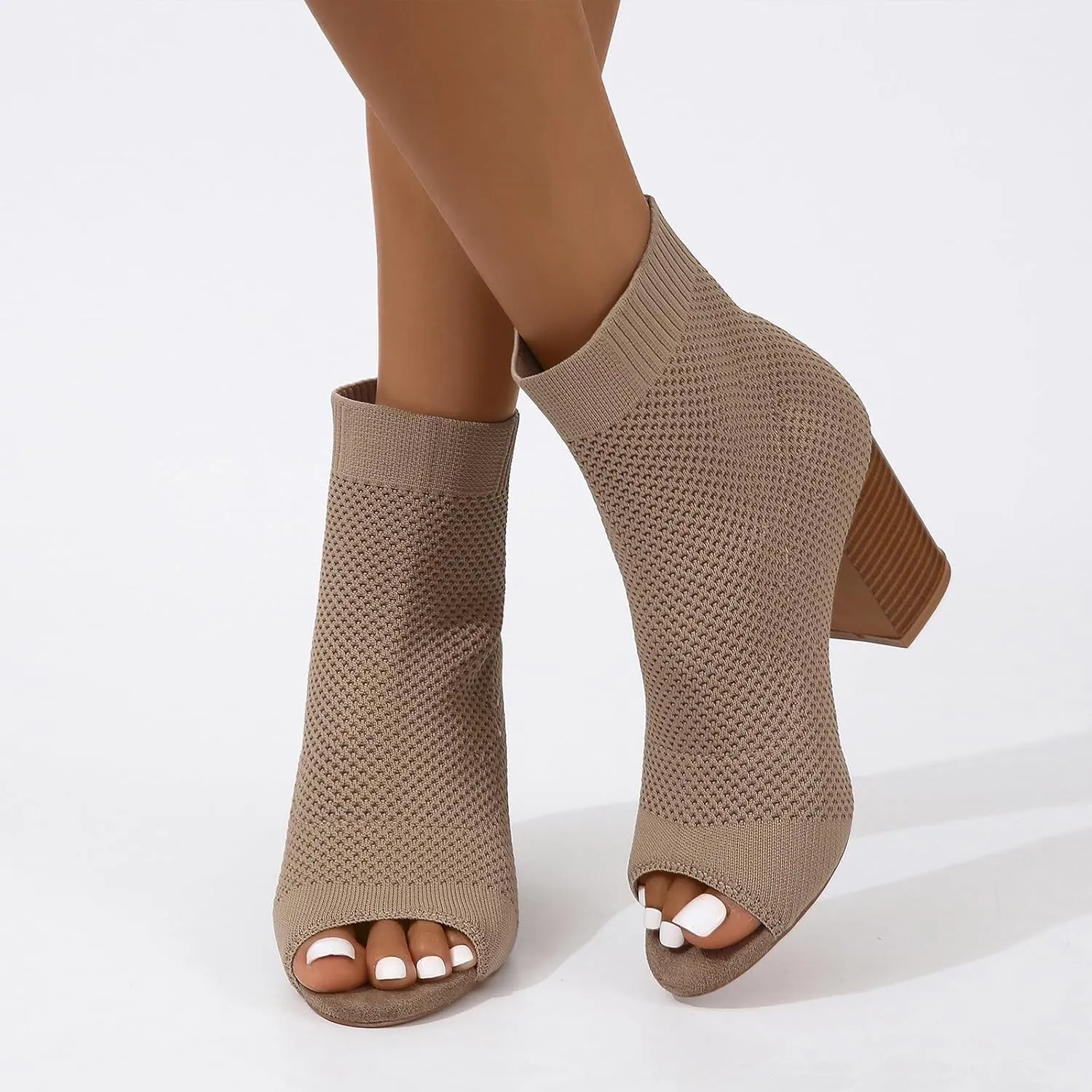 Peep Toe Booties for Women Knit Open Toe Chunky Block Heels Breathable Sock Boots Fashion Heeled Sandals US5-11