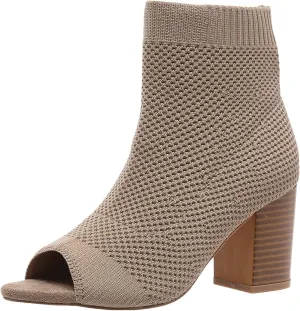 Peep Toe Booties for Women Knit Open Toe Chunky Block Heels Breathable Sock Boots Fashion Heeled Sandals US5-11