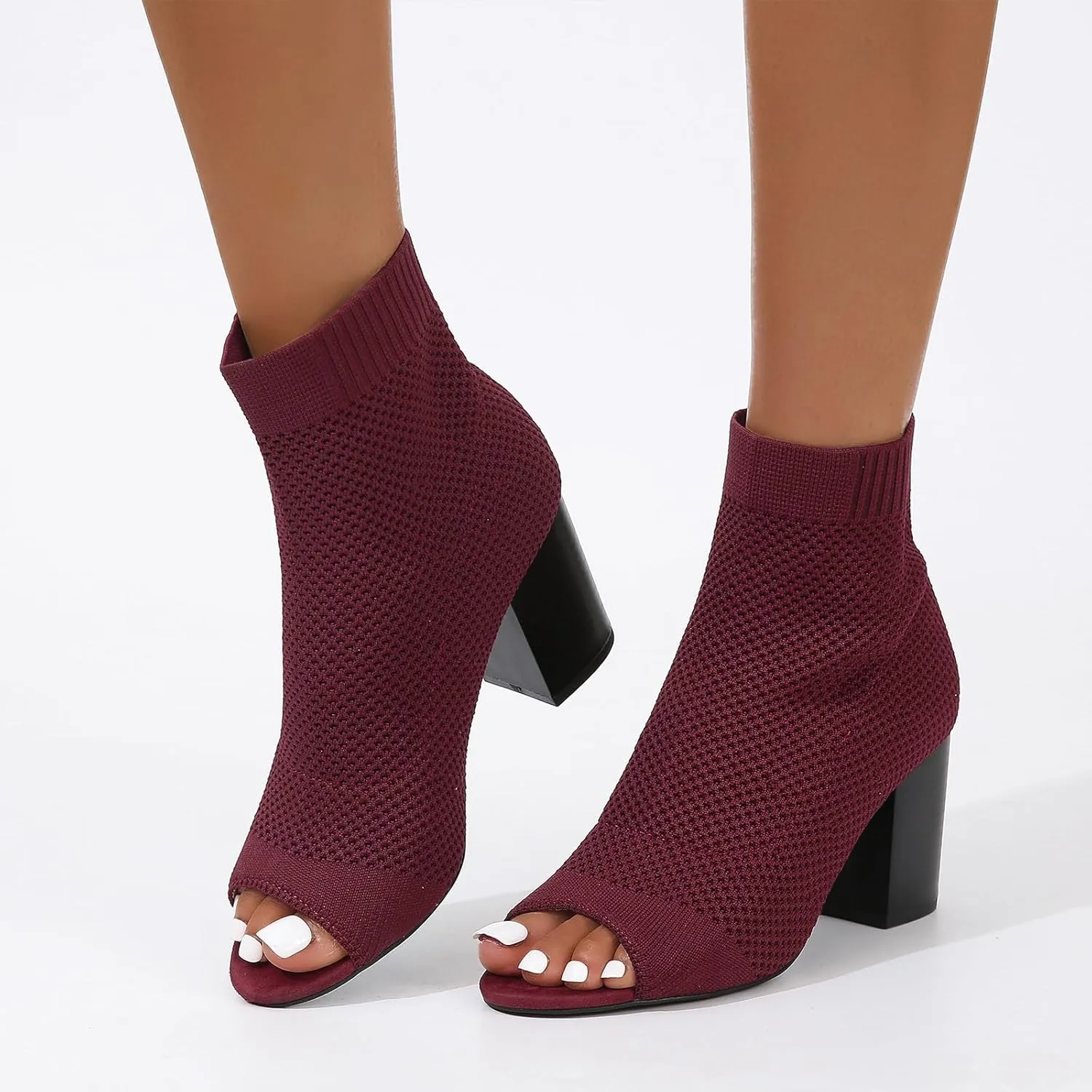 Peep Toe Booties for Women Knit Open Toe Chunky Block Heels Breathable Sock Boots Fashion Heeled Sandals US5-11