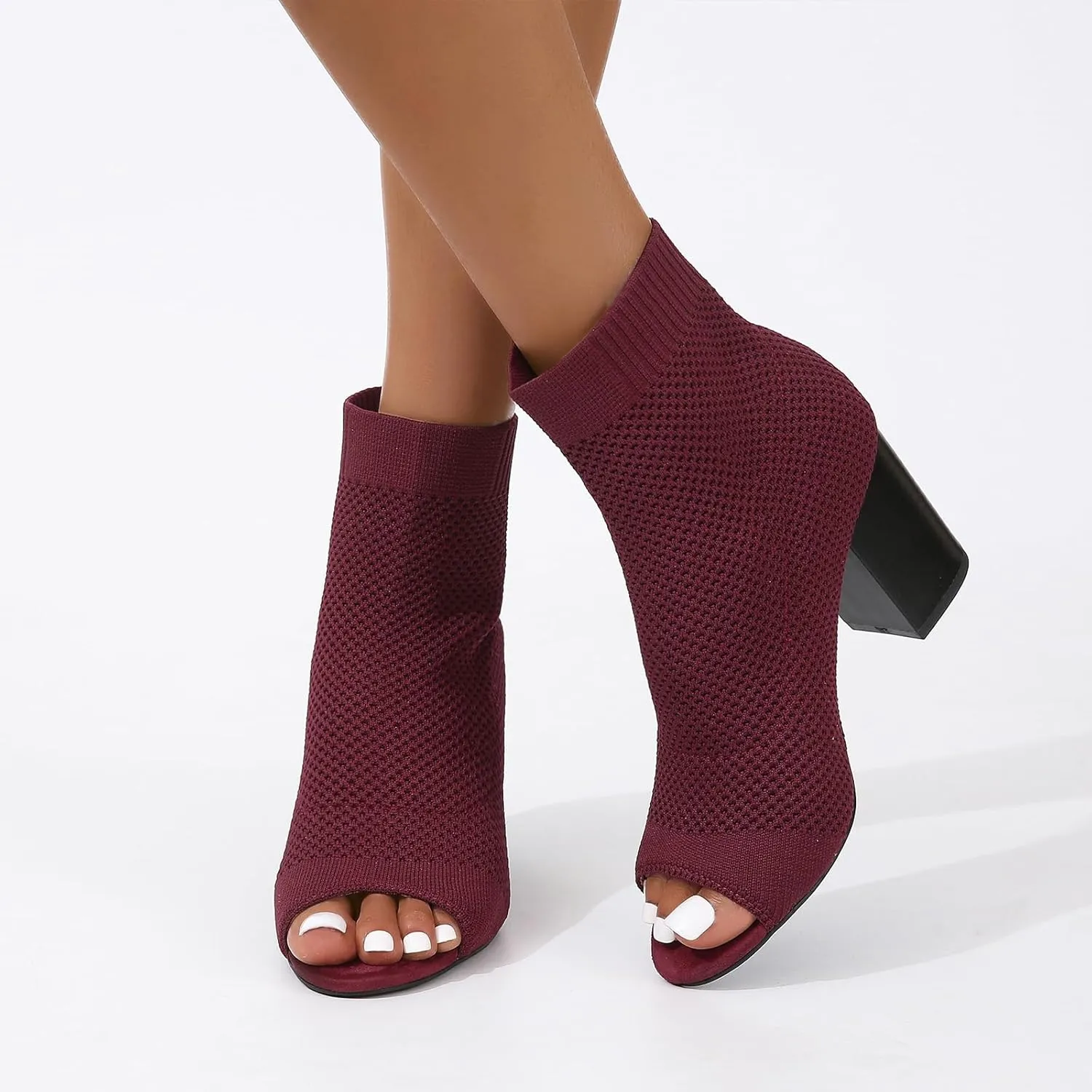 Peep Toe Booties for Women Knit Open Toe Chunky Block Heels Breathable Sock Boots Fashion Heeled Sandals US5-11