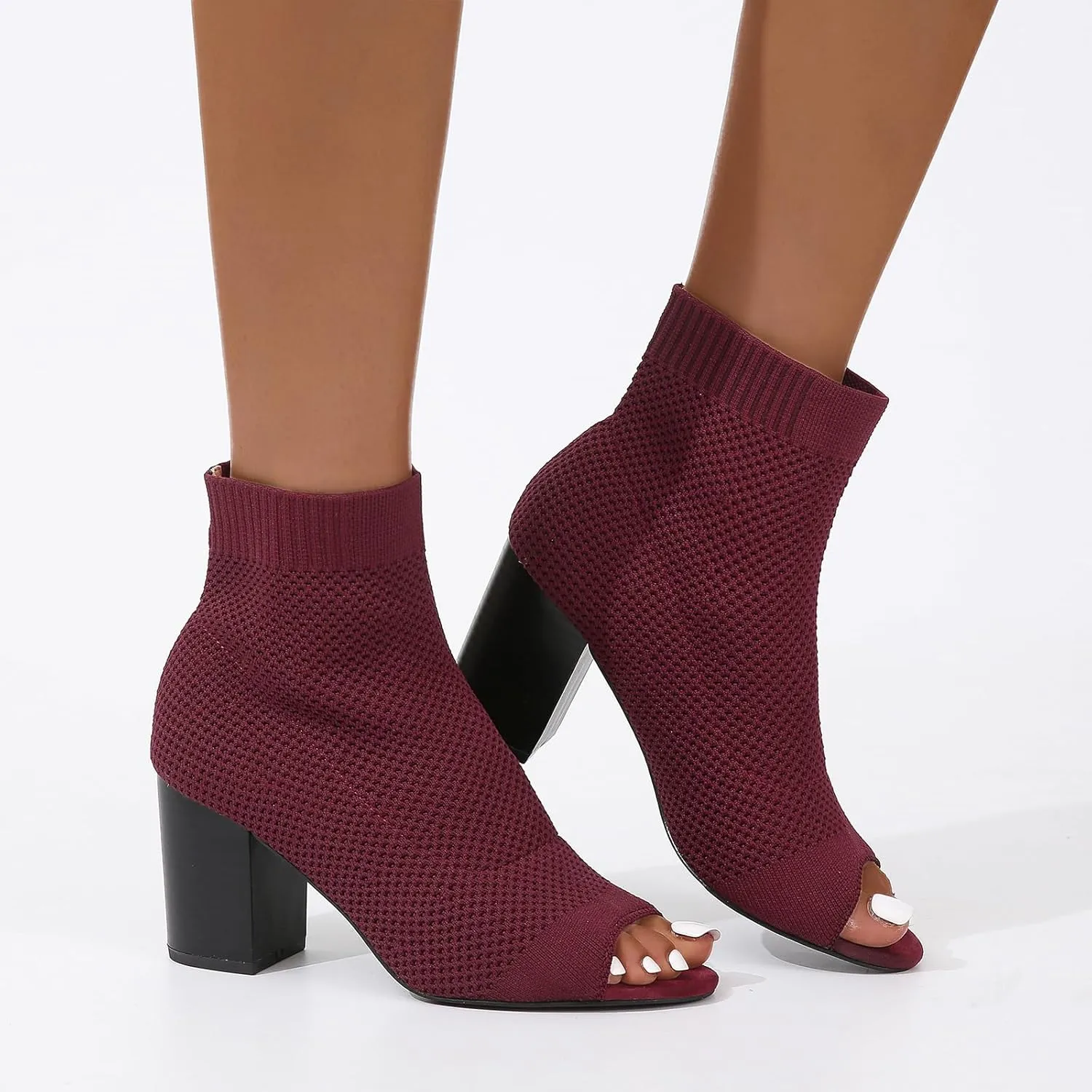 Peep Toe Booties for Women Knit Open Toe Chunky Block Heels Breathable Sock Boots Fashion Heeled Sandals US5-11