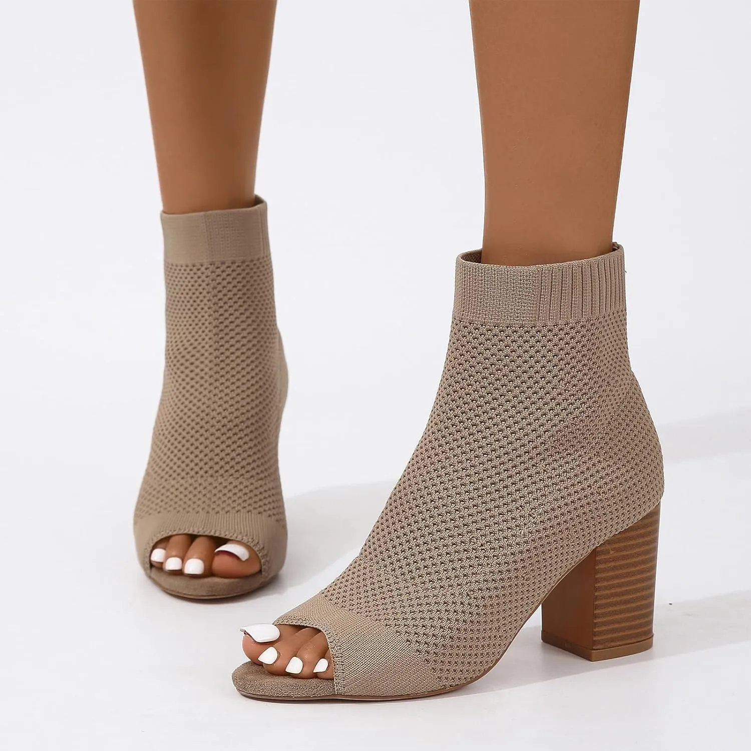 Peep Toe Booties for Women Knit Open Toe Chunky Block Heels Breathable Sock Boots Fashion Heeled Sandals US5-11