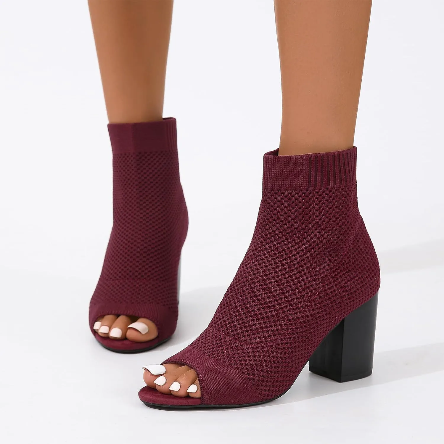 Peep Toe Booties for Women Knit Open Toe Chunky Block Heels Breathable Sock Boots Fashion Heeled Sandals US5-11