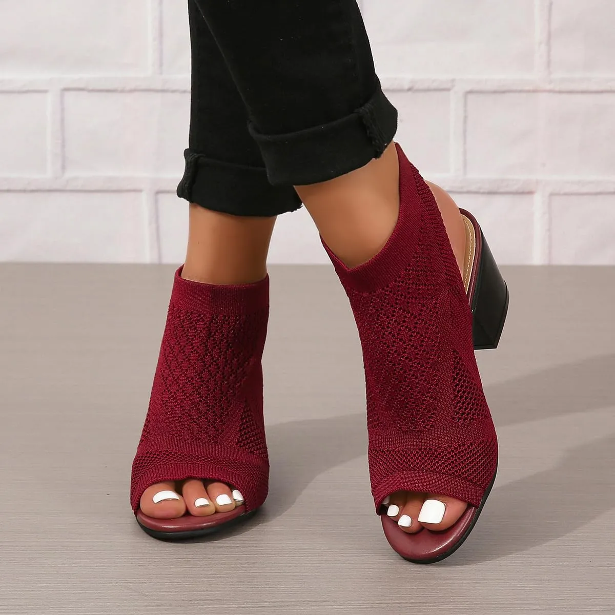 Peep Toe Booties for Women Open Toe Heeled Sandals Summer Casual Slip On Dress Sock Booties US5-11