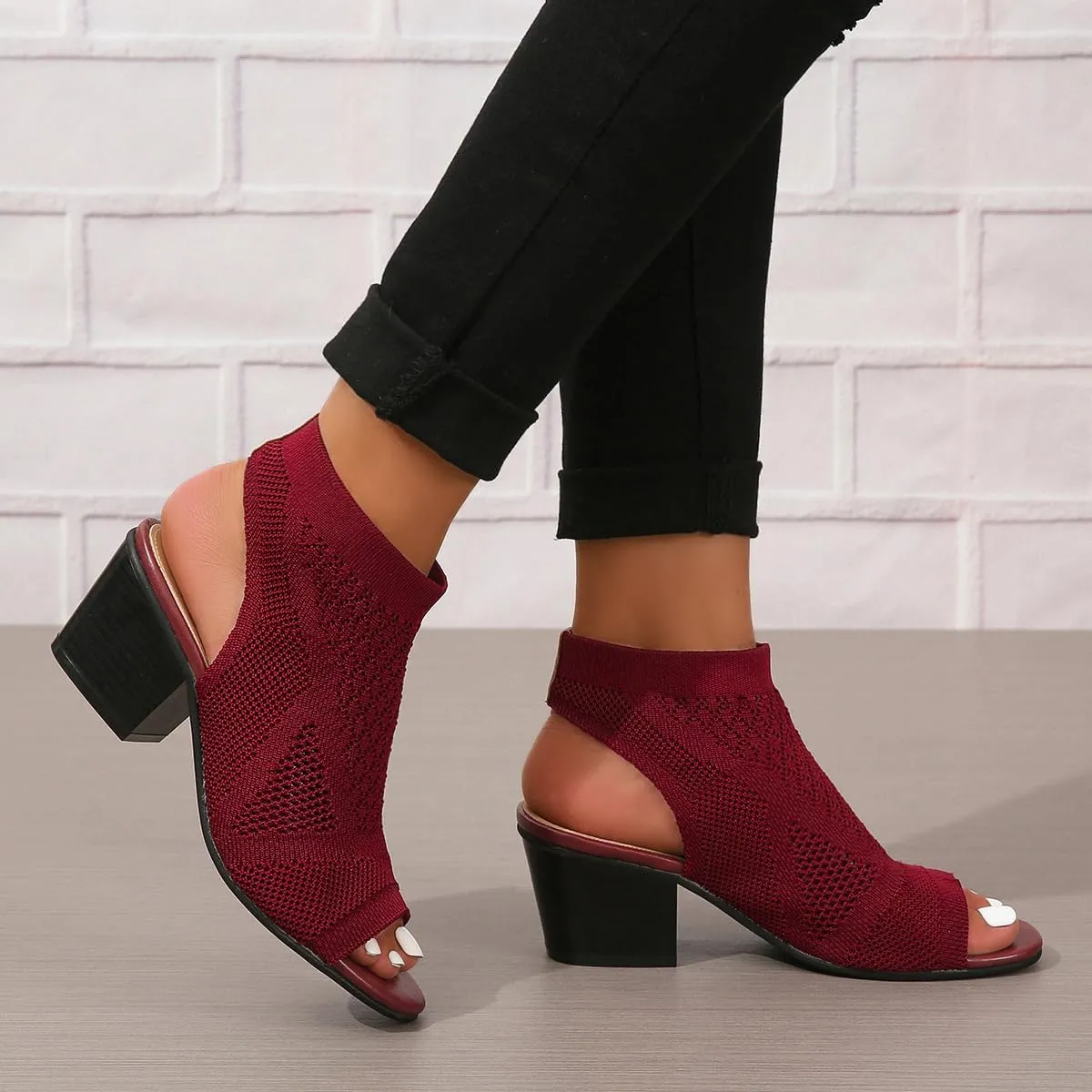 Peep Toe Booties for Women Open Toe Heeled Sandals Summer Casual Slip On Dress Sock Booties US5-11