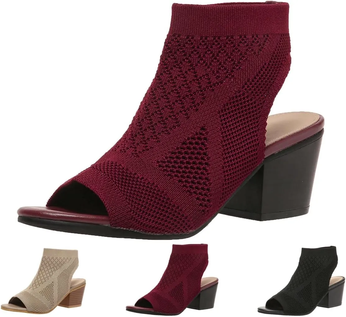 Peep Toe Booties for Women Open Toe Heeled Sandals Summer Casual Slip On Dress Sock Booties US5-11