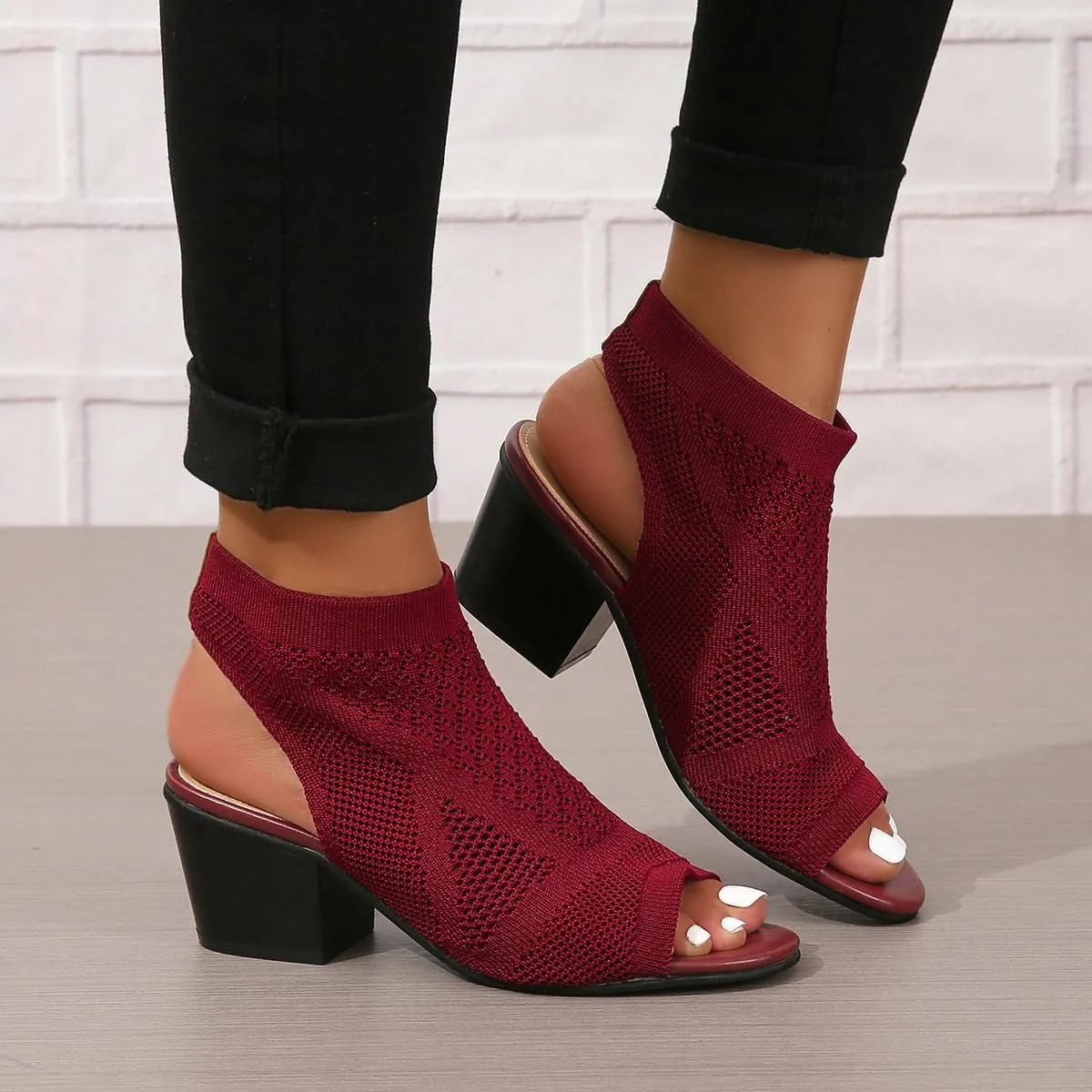 Peep Toe Booties for Women Open Toe Heeled Sandals Summer Casual Slip On Dress Sock Booties US5-11