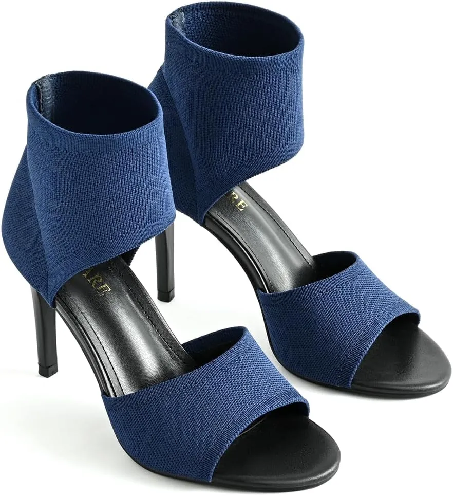 Peep Toe Heels for Women Sexy 3 Inches Stiletto High Heels for Women Dressy Slip On Comfortable Wide Stretchy Heels Knit Open Toe Booties Sandals Black Heels Sandals for Prom, Party and Work