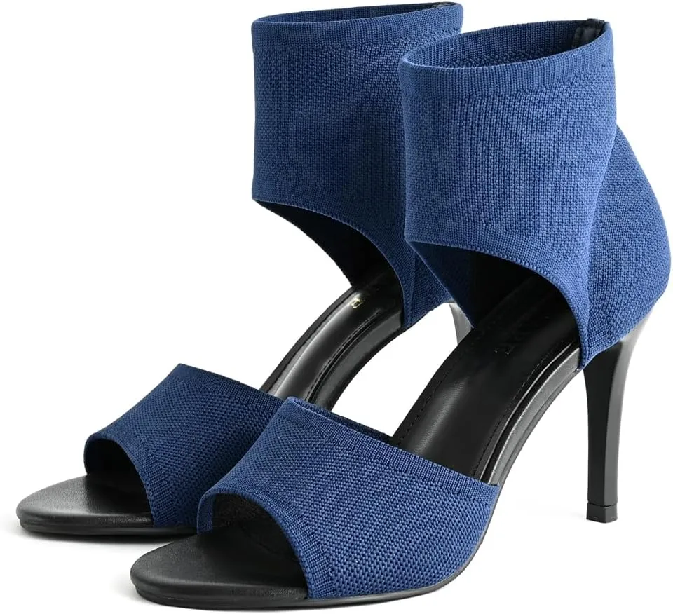 Peep Toe Heels for Women Sexy 3 Inches Stiletto High Heels for Women Dressy Slip On Comfortable Wide Stretchy Heels Knit Open Toe Booties Sandals Black Heels Sandals for Prom, Party and Work