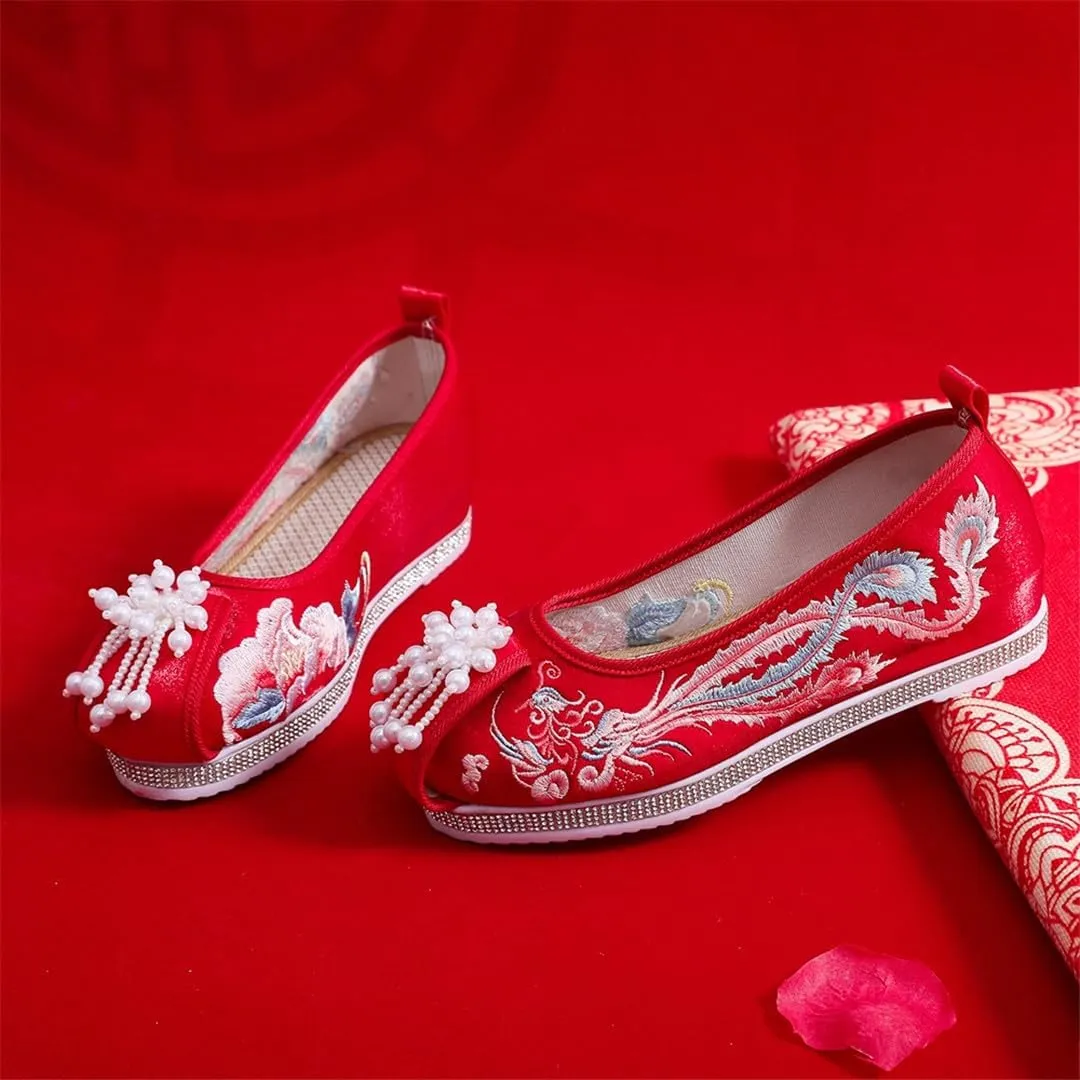 Phoenix Embroidered Women Velvet Cotton Platform Shoes With Pearls Knitted Retro Chinese Red Wedding Bridal Shoes