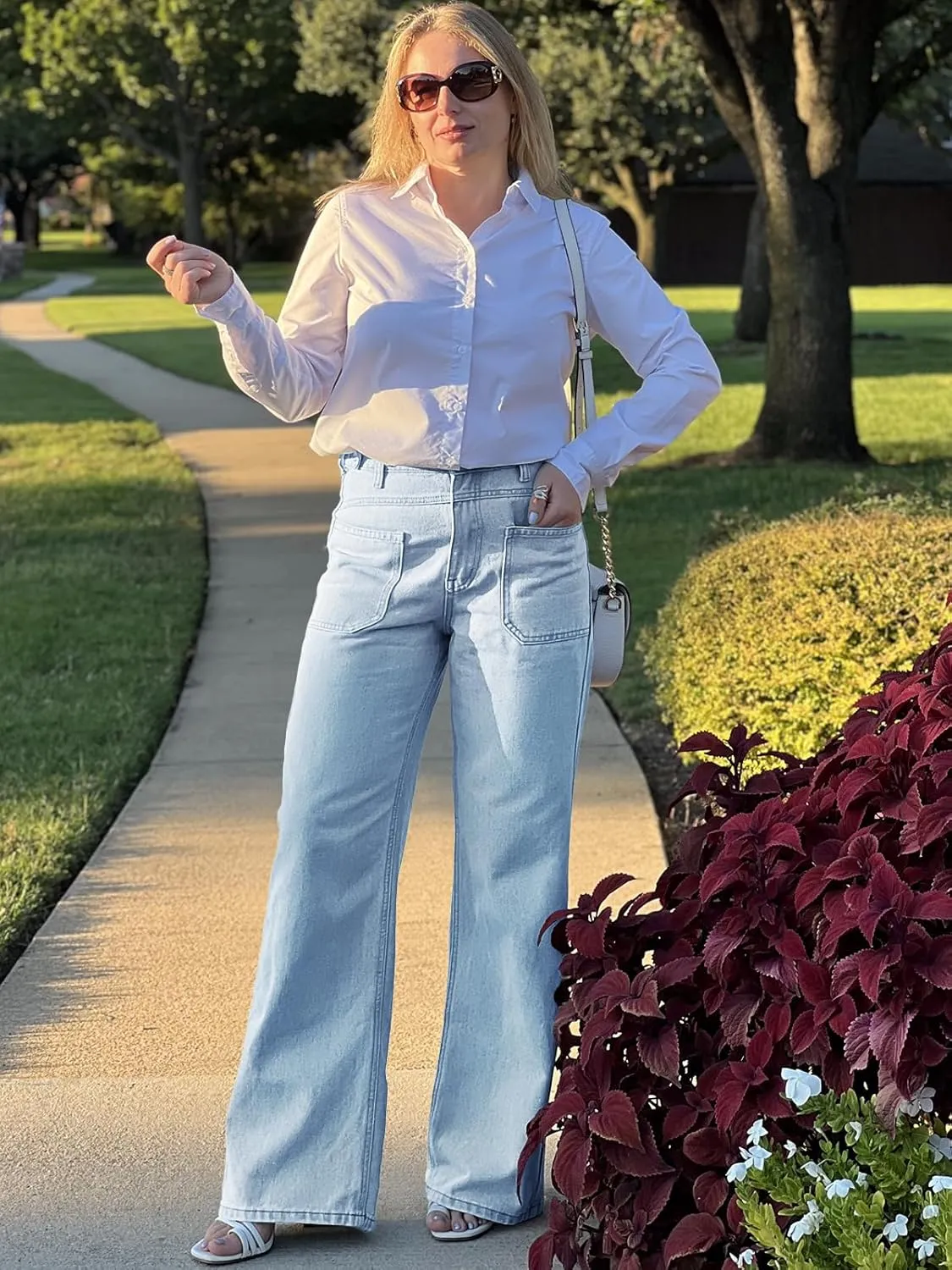 PLNOTME Womens Cuffed Wide Leg Jeans Boyfriend Casual Mid Rise Denim Pants with Pockets