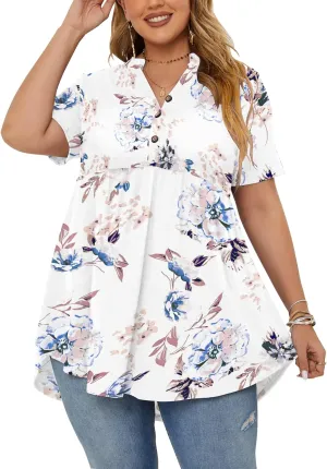 PLOKNRD Women's Plus Size Tops Short Sleeve Henley V Neck Button Up Flowy T Shirts Tunic Loose Blouses