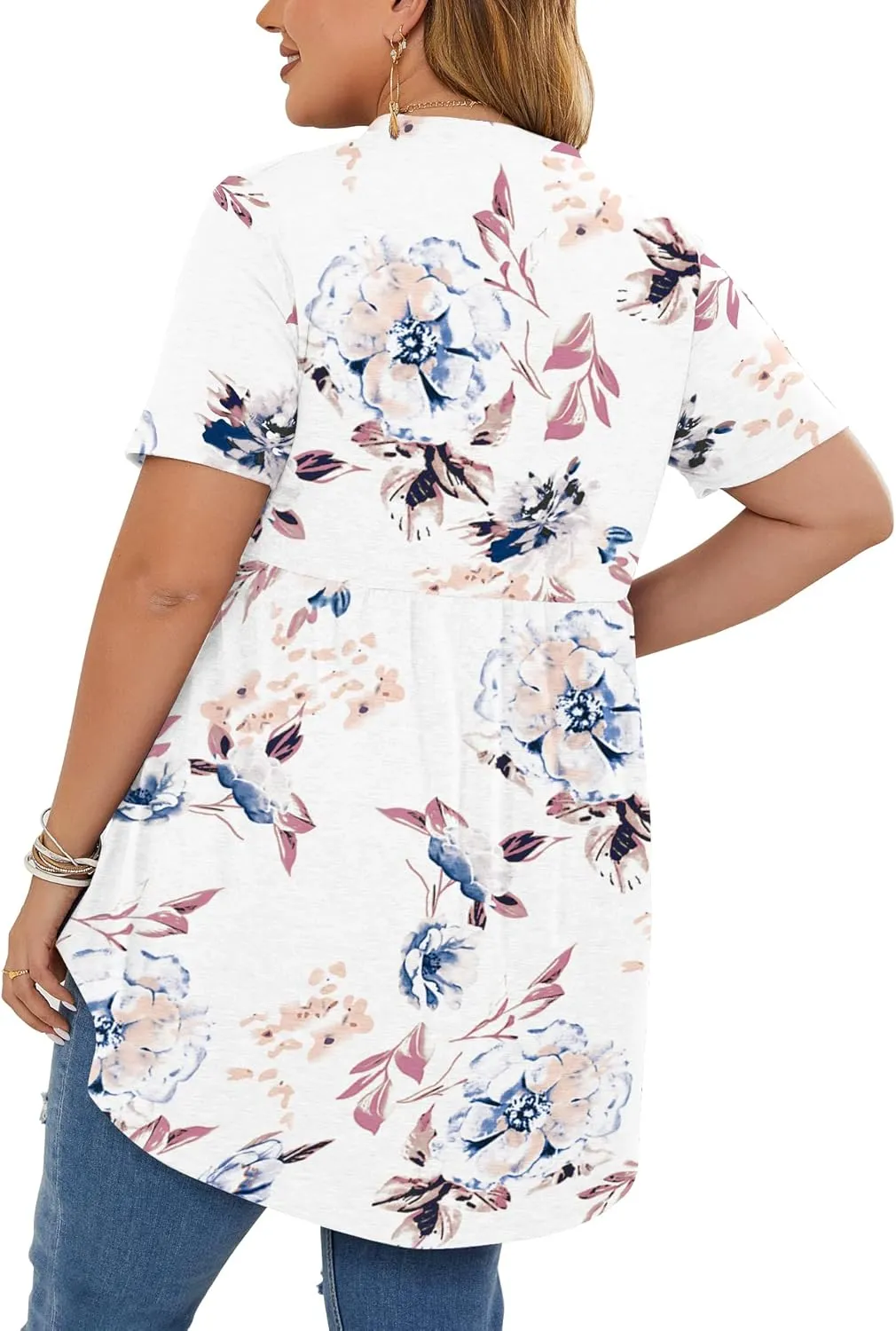 PLOKNRD Women's Plus Size Tops Short Sleeve Henley V Neck Button Up Flowy T Shirts Tunic Loose Blouses