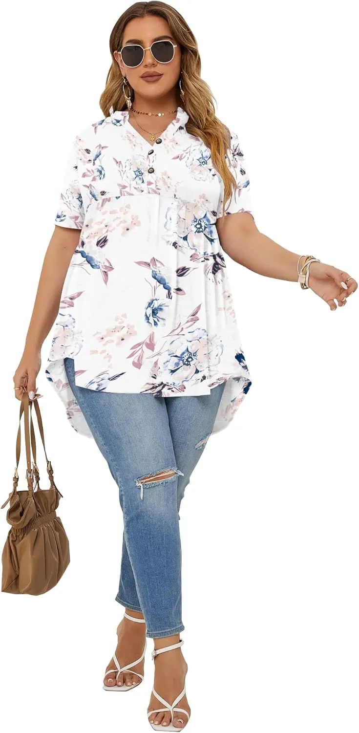 PLOKNRD Women's Plus Size Tops Short Sleeve Henley V Neck Button Up Flowy T Shirts Tunic Loose Blouses