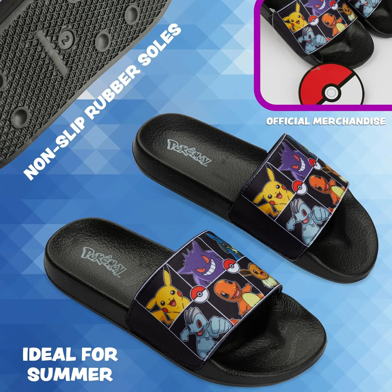 Pokemon Boys Slides, Beach or Pool Shoes for Kids - Gamer Gifts