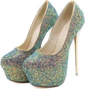 POOSR 16CM Sexy Nightclub High Heels, Colorful Color Changing Sequins Women's Shoes, Party Strippers Dress Shoes