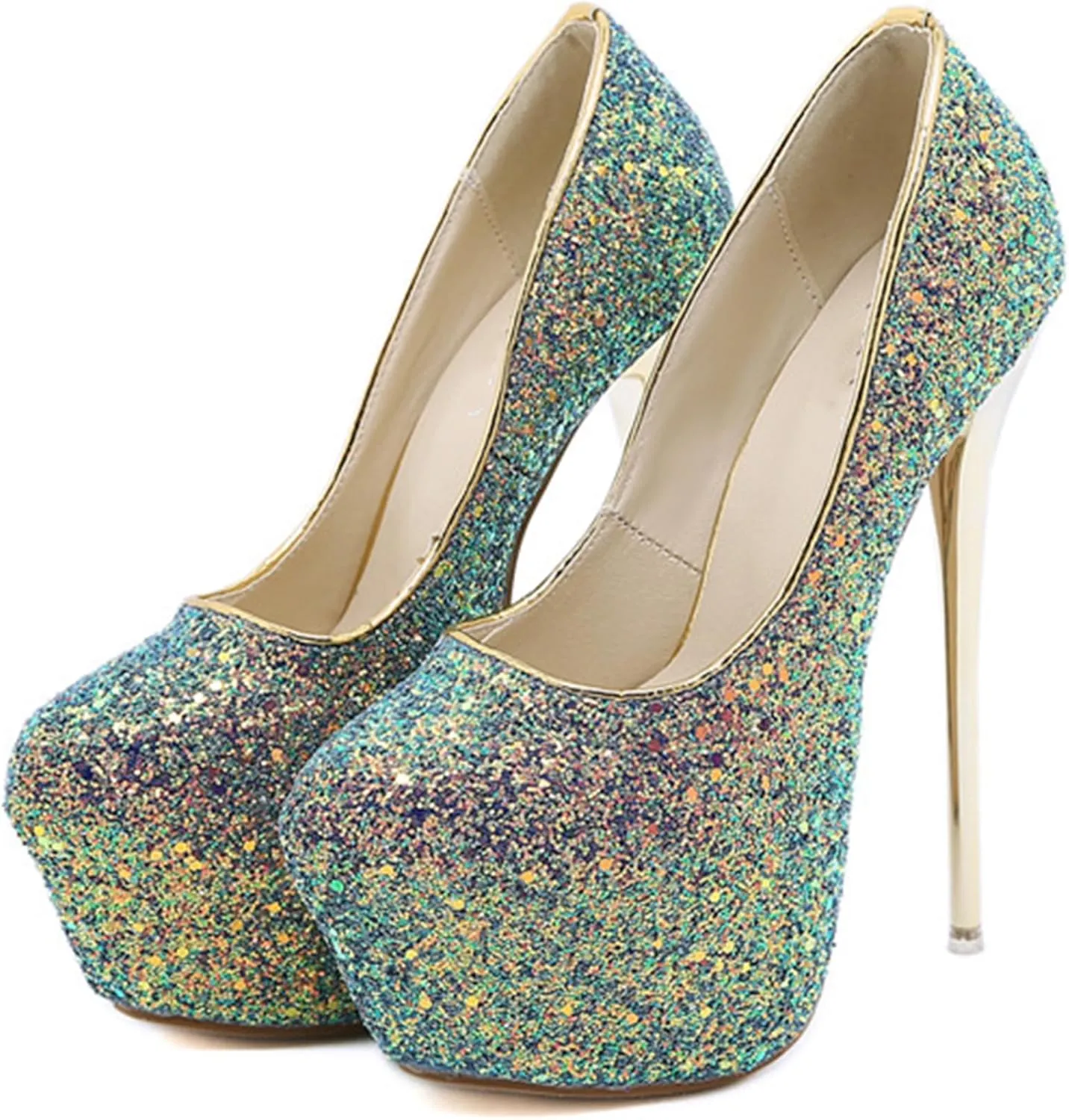 POOSR 16CM Sexy Nightclub High Heels, Colorful Color Changing Sequins Women's Shoes, Party Strippers Dress Shoes