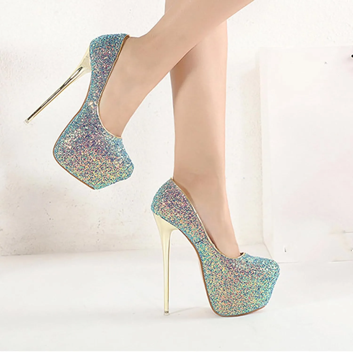 POOSR 16CM Sexy Nightclub High Heels, Colorful Color Changing Sequins Women's Shoes, Party Strippers Dress Shoes