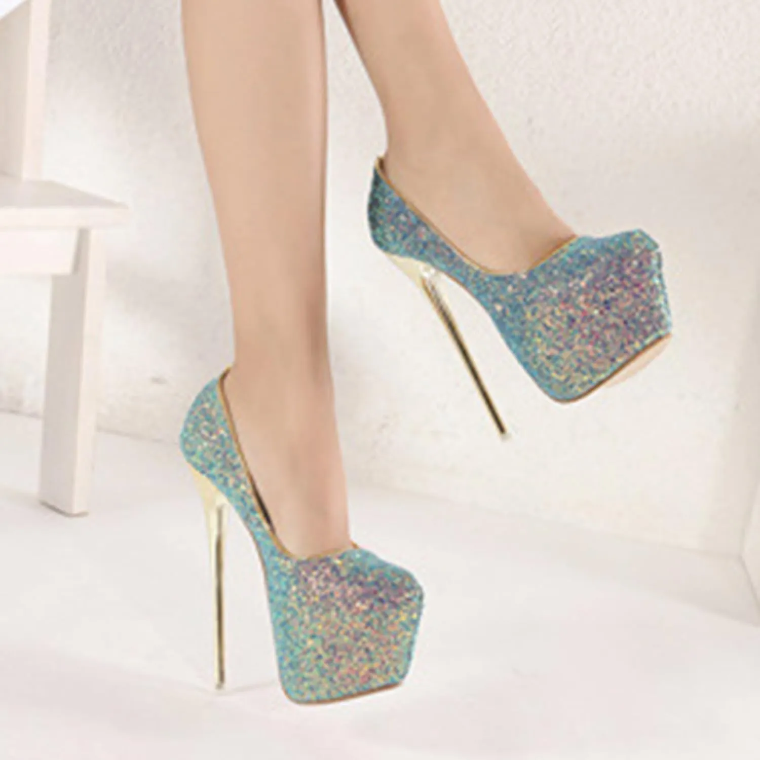 POOSR 16CM Sexy Nightclub High Heels, Colorful Color Changing Sequins Women's Shoes, Party Strippers Dress Shoes