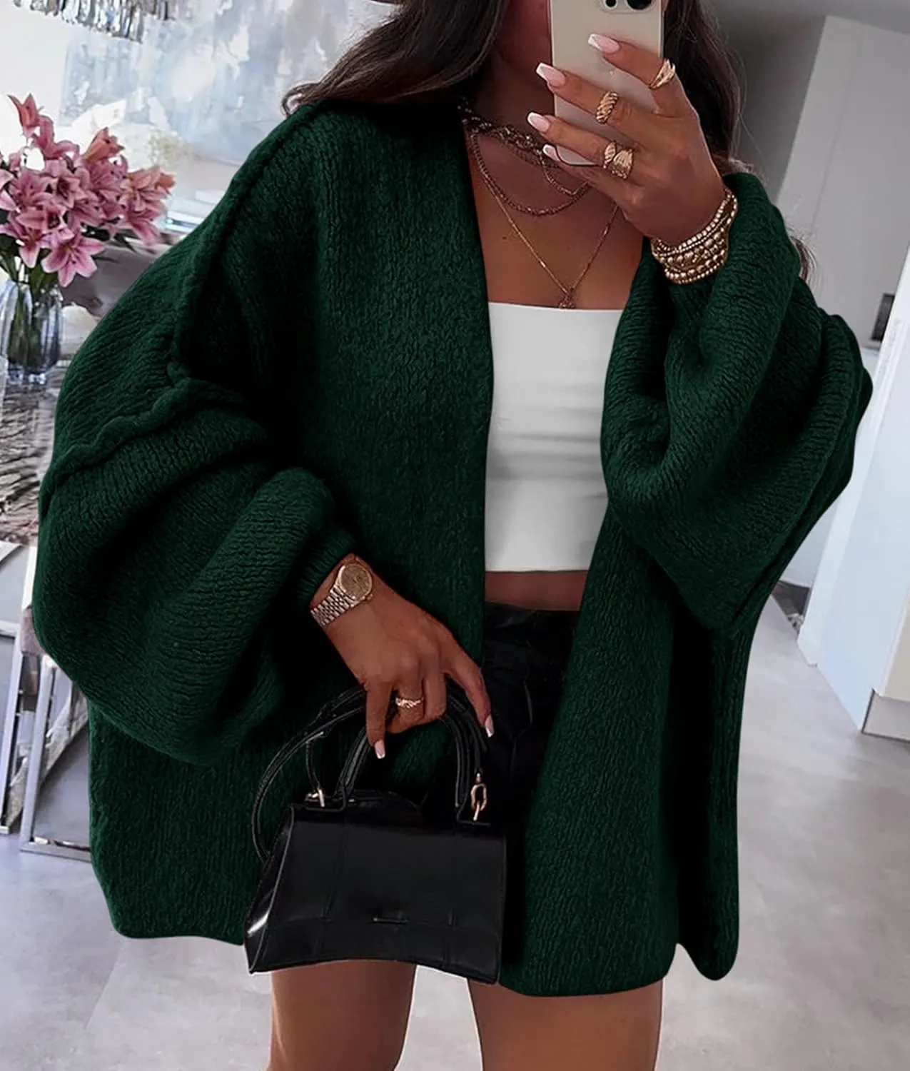 PRETTYGARDEN Womens Oversized Cardigan Sweaters 2025 Fall Long Lantern Sleeve Knit Open Front Lightweight Sweater