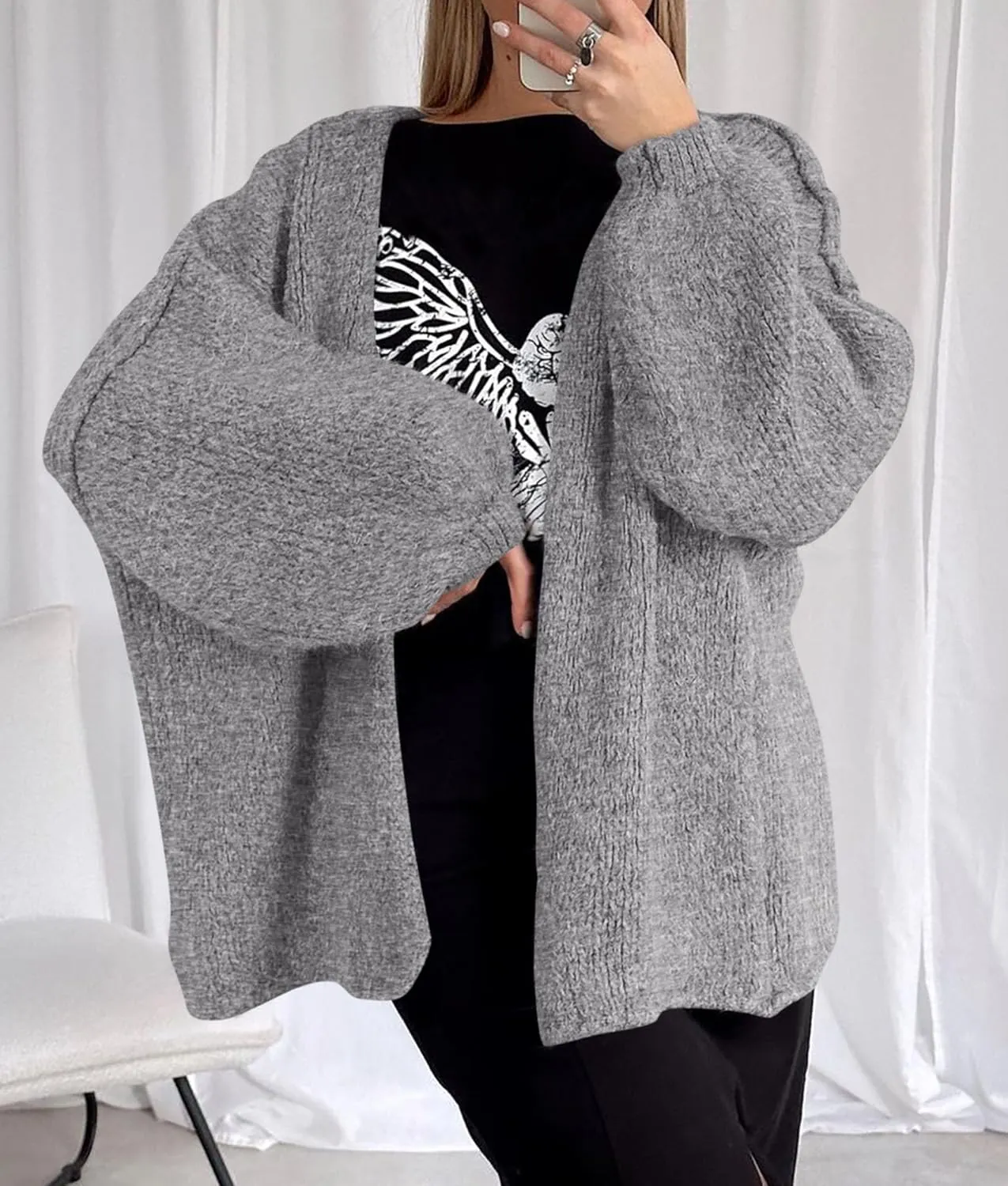 PRETTYGARDEN Womens Oversized Cardigan Sweaters 2025 Fall Long Lantern Sleeve Knit Open Front Lightweight Sweater