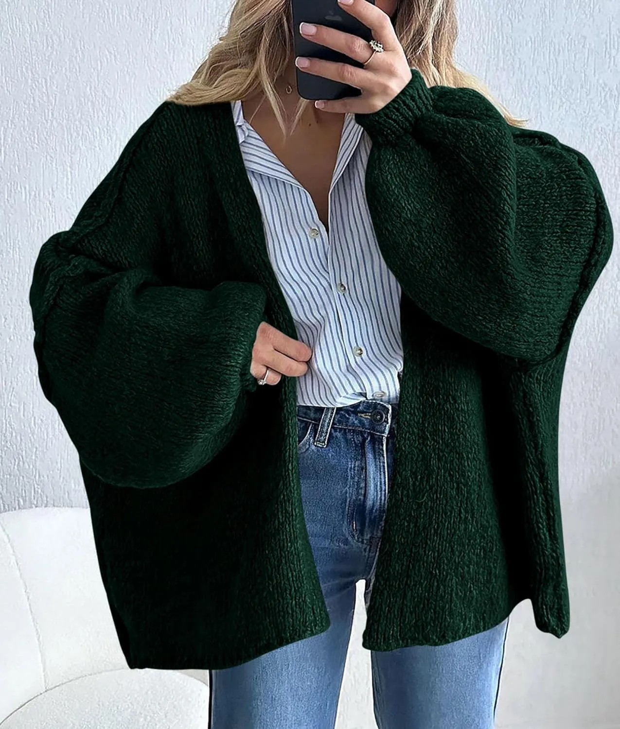 PRETTYGARDEN Womens Oversized Cardigan Sweaters 2025 Fall Long Lantern Sleeve Knit Open Front Lightweight Sweater