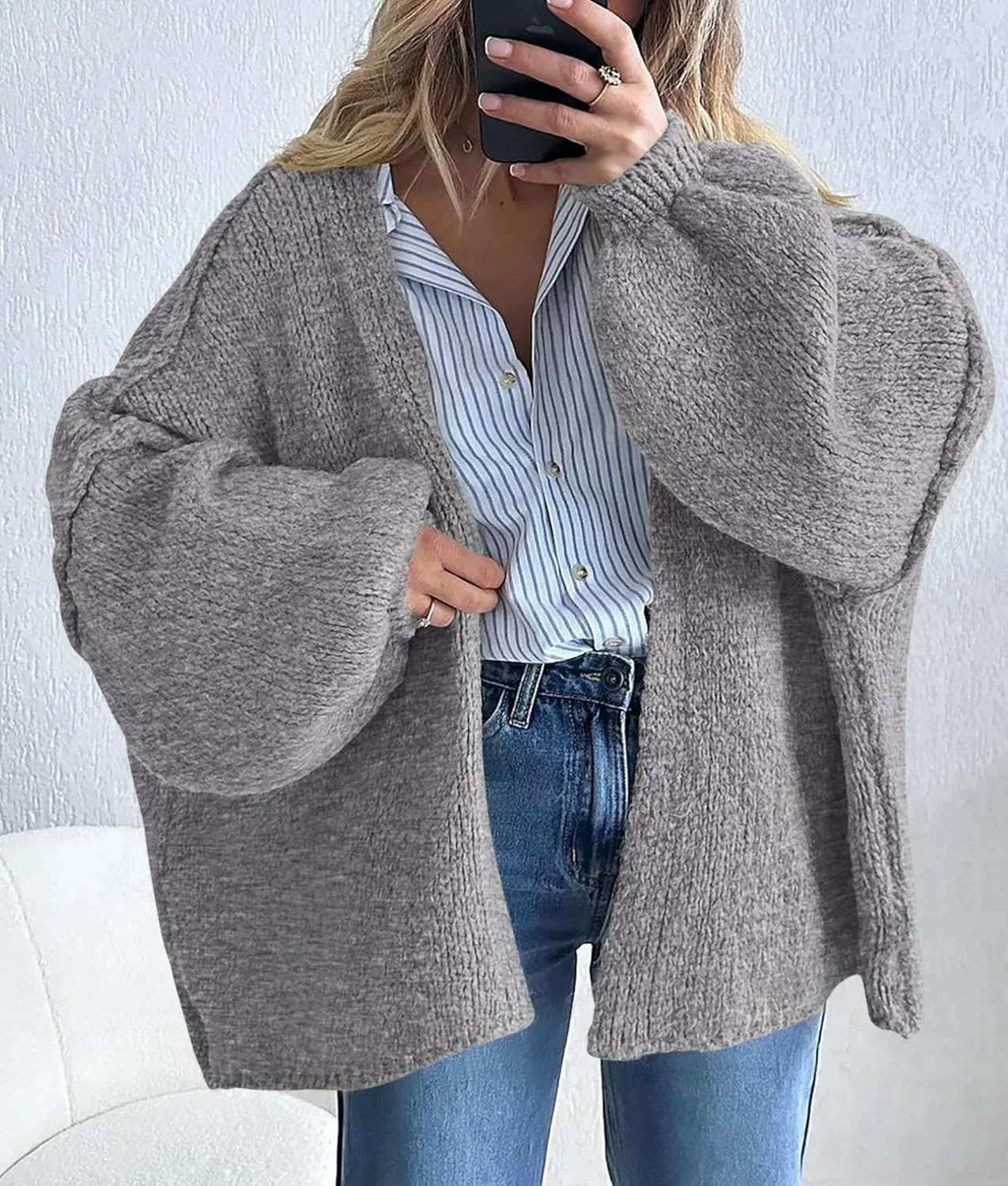 PRETTYGARDEN Womens Oversized Cardigan Sweaters 2025 Fall Long Lantern Sleeve Knit Open Front Lightweight Sweater
